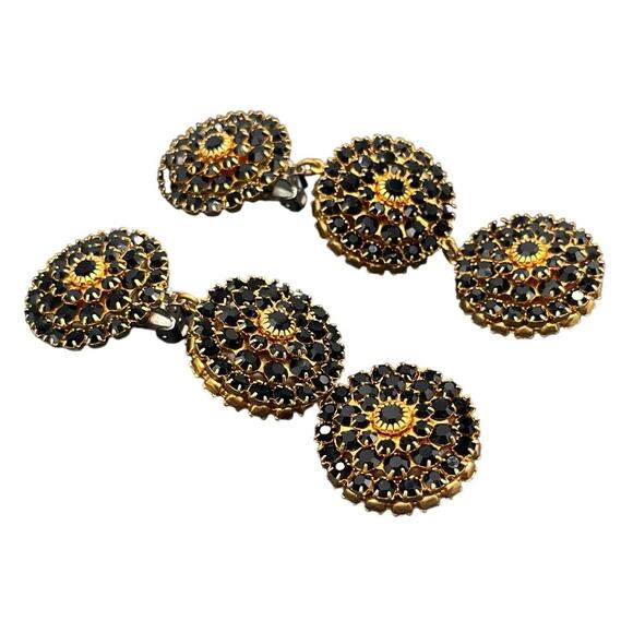 Mistar Bijoux Deadstock 3D Puff Three Drop Dangle Crystal Gold Clip on Earrings - Picture 3 of 12